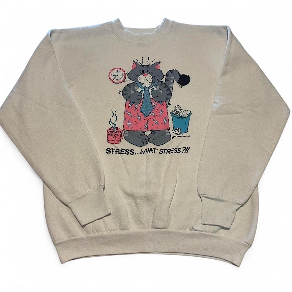 VTG 90s Granny Core Cat Crewneck Sweatshirt Size Large White Graphic Print Funny
